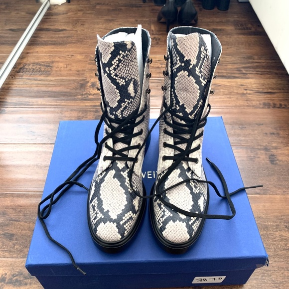 Stuart Weitzman McKenzee Python-Embossed Leather Combat Boots - Picture 3 of 8